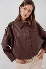 Kadın Bordo Oversize Fermuarlı ve Düğmeli Yandan Cepli Suni Deri Ceket HZL25W-BD110551
