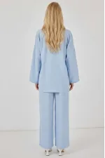 Kadın Açık Mavi Keten Bağlama Detaylı Kimono Pantolon İkili Takım HZL26S-BD167271