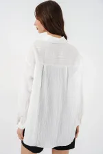 Kadın Çizgili Oversize Gömlek 20293 - Beyaz