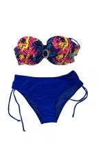 Kadın Saks Mavi Renk Desenli Toka Detaylı  Astarlı Bikini Takım HZL25S-LC3322