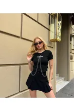 Kadın Siyah ROCKMORE Baskılı Zincir Aksesuarlı Crop T-Şihrt HZL24S-DSB120281