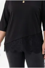 Women's Black Plus Size Crew Neck Short Sleeve T-Shirt with Tulle Detail HZL26S-ZSS19521 Women's Black Plus Size Crew Neck Short Sleeve T-Shirt with Tulle Detail HZL26S-ZSS19521