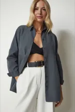 Kadın Antrasit Geniş Kalıp Uzun Basic Gömlek HZL24W-BD139001