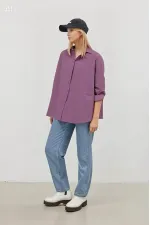Kadın Koyu Lila Oversize Uzun Basic Gömlek HZL22W-BD139001