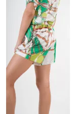 Kadın Fıstık Yeşili Desenli Şort Gömlek Alt Üst Takım  HZL24S-YY226