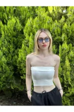 Kadın Beyaz Katlamalı Straplez Bluz HZL24S-ZK11301