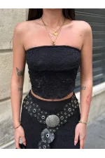 Kadın Siyah Astarlı Dantel Straplez Bluz HZL25S-ZK11251