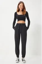 Kadın Siyah Cepli Kordon Kemerli Jogger Eşofman Pantolon HZL25W-BD166741