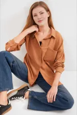 Kadın Camel Tek Cepli Oversize Keten Ayrobin Gömlek HZL24S-BD1201531