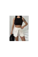 Kadın Açık Krem Bağlama Detay Müslin Şort HZL25S-DSB2323
