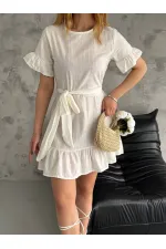 Kadın Beyaz Beli Kuşaklı Kolu Fırfırlı İthal Keten Elbise HZL24S-FRY121891