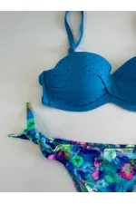 Kadın Mavi Taş İşlemeli Desenli Astarlı Bikini Takım HZL25S-LC203