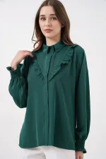 20223 Fırfırlı Uzun Kol Gömlek - Zümrüt Yeşili