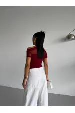 Kadın Bordo Tek Omuz Transparan Tül Detaylı Şık Sandy Bluz HZL26S-FRY123871