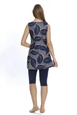 Women's Navy Blue Leaf Pattern Sleeveless Semi-Covered Tights Swimsuit HZL25S-AR152/504