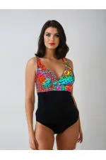 Women's Black Multicolored V-Neck Swim Trunks HZL25S-LC4008