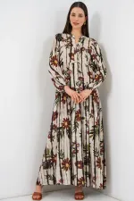 Robe longue hijab à motifs pour femme 2585 - Beige café