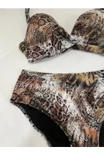 Kadın Kahverengi Leopar Desenli Astarlı Büyük Beden Bikini Takımı HZL25S-LC25006