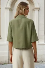 Veste Ayrobin en lin kaki à manches courtes et col châle pour femme, boutonnée, HZL24S-BD107061