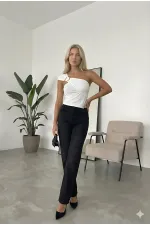 Women's White Sandy Blouse with Gold Buckle Detail and Shoulder Drape Detail HZL26W-FRY123741