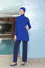 Women's Hijab Saxe Blue Pocketed Long Sleeve Fully Covered Tights Lycra Dress Swimsuit HZL24S-AR1254-11