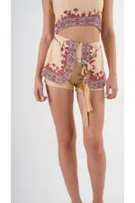 Kadın Sarı Etnik Desenli Beli Kuşaklı Bluz Şort İkili Takım HZL24S-YY261