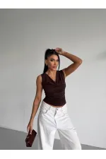 Kadın Kahverengi Degaje Yaka Yanlardan Drapeli Sandy Bluz HZL25S-FRY123131