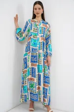 Women's Patterned Long Hijab Dress 2585 - A. Turquoise