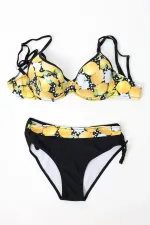 Kadın Sarı Siyah Limon Desenli İp Askılı Yüksek Bel Bikini Takım HZL24S-LC3348