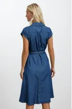 Kadın Denim Kısa Kollu Boydan Düğmeli Beli Kuşaklı Kot Gömlek Elbise Hzl22s-bd121761