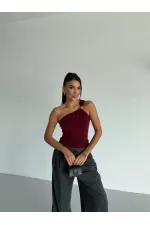 Kadın Bordo Tek Omuz Gold Metal Detaylı Sandy Bluz HZL26S-FRY123821