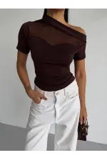 Kadın Kahverengi Tek Omuz Transparan Tül Detaylı Şık Sandy Bluz HZL26S-FRY123871