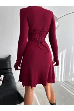 Kadın Bordo V Yaka Yandan İp Bağlamalı Kaşkorse  Elbise HZL24W-FRY121751