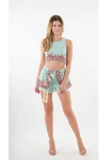 Kadın Su Yeşili Etnik Desenli Beli Kuşaklı Bluz Şort İkili Takım HZL24S-YY261
