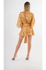 Kadın Hardal Desenli Saten Yüzeyli V Yaka Halka Detaylı Kuşaklı Mini Elbise HZL24S-YY230