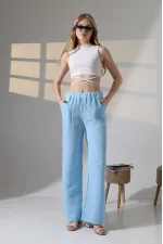 Kadın Mavi Beli Lastikli Müslin Kumaş Bol Paça Pantolon HZL25S-DSB12221