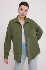 Chemise en lin oversize à poche unique 20153 - Kaki