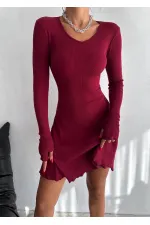Kadın Bordo V Yaka Yandan İp Bağlamalı Kaşkorse  Elbise HZL24W-FRY121751