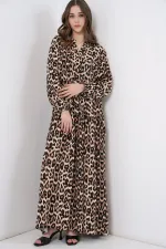 2423 Otantik Desenli Tesettür Elbise - E. Kahve