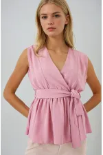 Kadın Pudra Kruvaze Yaka Beli Lastikli Kuşaklı Bluz HZL25S-BD19661