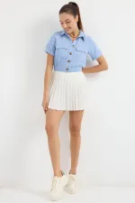 Women's Ice Blue Pocket Buttoned Short Sleeve Summer Crop Shirt Jacket HZL22S-BD106631
