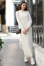 Robe mi-longue en maille côtelée à col zippé, coupe large, couleur crème, pour femme, HZL24W-BD1101831