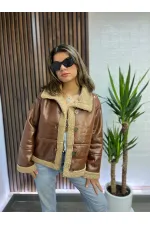 Kadın Kahverengi İçi Suni Kürklü Önden Düğmeli Suni Deri Mont HZL23W-BRC129311