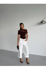 Kadın Kahverengi Tek Omuz Transparan Tül Detaylı Şık Sandy Bluz HZL26S-FRY123871