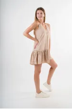 Kadın Bej V Yaka İp Askılı Eteği Pileli Güpür Detaylı Elbise HZL24S-YY244