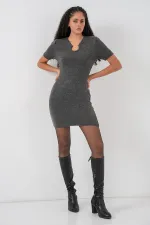 Robe tricotée avec détail de collier pour femme 15989 - Anthracite