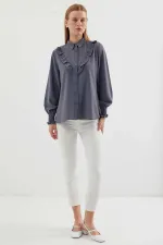 Kadın Gri Fırfır Detaylı Uzun Kollu Şık Gömlek HZL25W-BD1202231