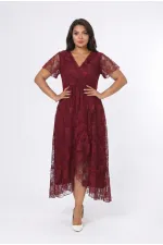 Kadın Bordo Büyük Beden V Yaka Astarlı Dantel Detaylı Şık Abiye Elbise HZL26S-PR11071