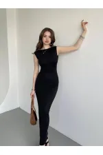 Kadın Siyah Sırt Dekolteli Yumuşak Dokulu Elbise HZL25S-ZK13321