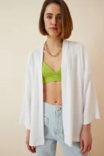 Veste de saison texturée blanche à col rabattu et ouverture sur le devant pour femme HZL22S-BD158621